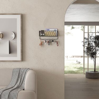 Ключниця настінна, тримач для листів з 5 гачками, міцна чорна металева сітка з матовим покриттям, 2916,59 см Настінна ключниця для