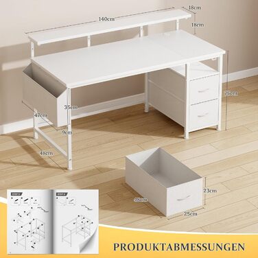 Письмовий стіл 140x48 см з 2 шухлядами, пропонує місце для зберігання, комп&39ютерний стіл, ігровий стіл з підставкою для монітора, 2 гачки для зберігання, відділення для організації кабелів, підходить для геймерів, працівників з дому, білий 140x48 см