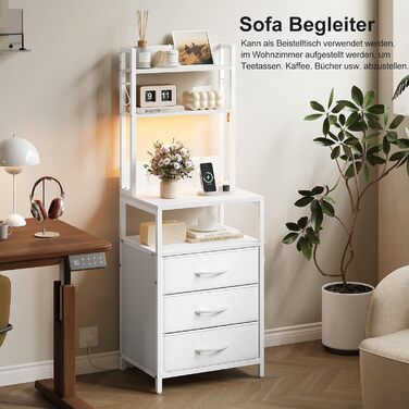 Приліжковий столик Dripex із функцією зарядки та світлодіодним підсвічуванням, бічний столик із 3 тканинними шухлядами, тумбочка з книжковою полицею, відкритим відділенням, 2 порти змінного струму, 1 USB та 1 порт типу C, для спальні, вітальні, офісу (біл