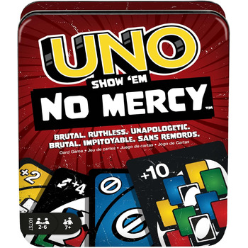 Карткова гра Mattel Games UNO No Mercy в коробці для зберігання на винос для дітей, дорослих та сімейних вечорів з додатковими картами, особливими правилами та жорсткішими покараннями, HXT57