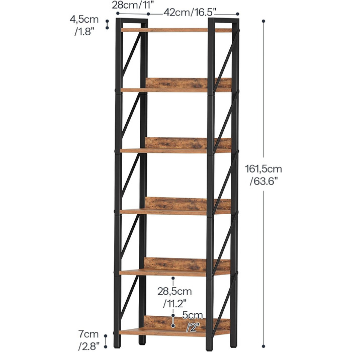 Книжкова полиця HOOBRO, стояча полиця, полиця-драбина, окремостояча вузька полиця, офісна полиця, 6 ярусів, відкриті полиці, для вітальні, спальні, офісу, кухні, рустикальний коричневий та чорний EBF72SJ01 42 x 28 x 161,5 см Рустикальний коричневий чорний