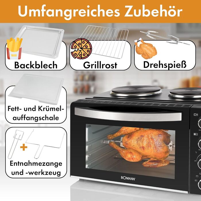Міні-піч Bomann з конфорками та грилем Готування та випічка одночасно Міні-піч 28 л з конвекцією верхній/нижній нагрів 100-230C Електрична міні-піч 3100 Вт з аксесуарами КК 6059 КБ