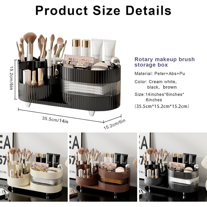 Органайзер для косметики DASITON, обертовий на 360 органайзер для пензлів для макіяжу, велика місткість для зберігання косметики з висувними ящиками, органайзер для макіяжу для туалетного столика, спальні, ванної кімнати (чорний) чорний трирівневий