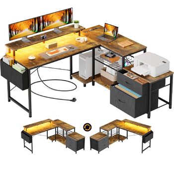 Г-подібний стіл на сім столів з полицями для зберігання, ігровий стіл зі світлодіодним освітленням та розетками, комп&39ютерний стіл з підставкою для монітора для домашнього офісу, спальні, вітальні, вінтажний коричневий