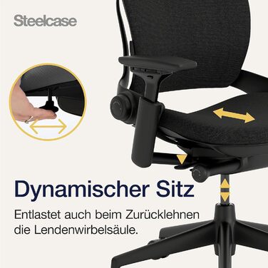 Ергономічне офісне крісло Steelcase Leap з поперековою опорою LiveBack та гнучкою S-подібною спинкою, колір чорний онікс, 62 x 68 x 100 см, без підголівника