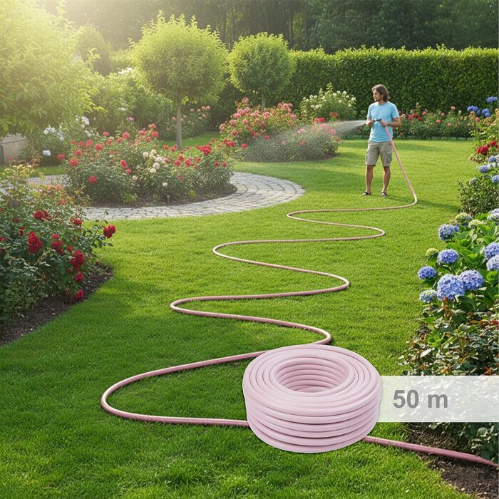 Шланг садовий Relaxdays, 50 м, універсальний водяний шланг 1/2, стійкий до УФ-випромінювання та погодних умов, тканинний садовий шланг, PP, рожевий