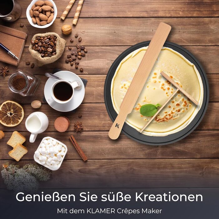 Млинниця KLAMER, велика поверхня для випікання діаметром 33 см, плита з антипригарним покриттям, вкл. тісторозділювач і дерев'яний