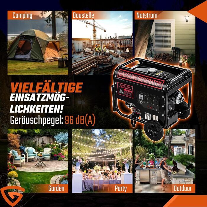 Тактний бензиновий генератор, електричний стартер 5000 Вт, аварійний генератор 12 к.с. з автоматичним регулюванням напруги (ARV), 2 розетки 230 В, 1 розетка 12 В, бак 15 л, 50 Гц, CE, портативний на колесах, для кемпінгу, будівельних майданчиків та дому, 