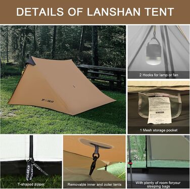 Або 2 особи, 3/4 сезону, водонепроникний професійний туристичний намет, 15D Professional Camping Tent 2 особи - хакі, 3F UL Gear Lanshan Ultralight Camping Tent, 1