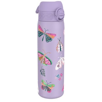 Пляшка для води ion8, 500 мл, герметична, відкривається однією рукою, надійний замок, можна мити в посудомийній машині, без BPA, ручка для перенесення, відкидна кришка, легко миється, кліматично нейтральна, світло-фіолетовий метелик, ізольована сталь