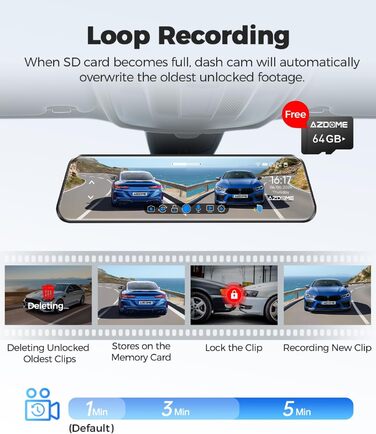 З камерою заднього виду, автомобільною камерою з Wi-Fi, 64 ГБ картою, подвійним дзеркалом IPS з сенсорним екраном, циклічним записом і G-сенсором, нічним баченням WDR, моніторингом паркування, GPS, 12&39 PG17 4K Mirror Dash Cam