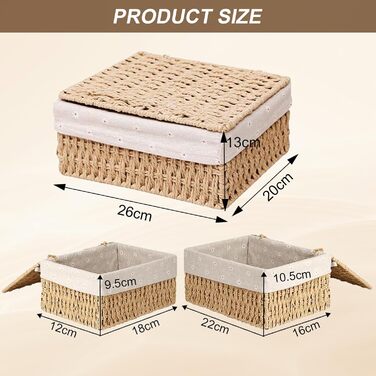 Набір із 3 кошиків для зберігання з кришками плетені кошики з паперової мотузки з металевим каркасом та підкладкою, 3 розміри, місце для зберігання речей у стилі бохо для ванної кімнати, пеленальний столик, органайзер та декор