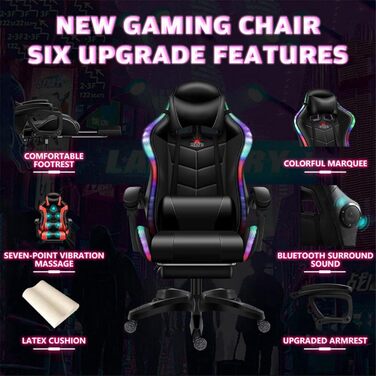 Ігрове крісло для відеоігор зі світлодіодним підсвічуванням, ергономічне професійне з повною масажною поперековою опорою та Bluetooth-динаміком, комп&39ютерне крісло з висувною підставкою для ніг та регульованою спинкою, червоне