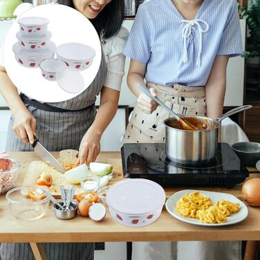 Набір емальованих мисок HOMSFOU з 5 предметів з кришками, мисками для зберігання продуктів та салатницями, 10-18 см, штабелюється, гладка поверхня, універсальний для пасти, супу, фруктів та рису, щоденне використання