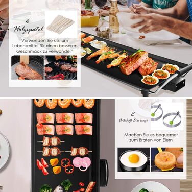 Гриль COSTWAY Teppanyaki 90x23см, електрична сковорода 1800 Вт, електричний гриль з антипригарним покриттям, 6 дерев'яних лопаток і кільце для яєць, що не прилипає, стіл гриль регулюється температурою