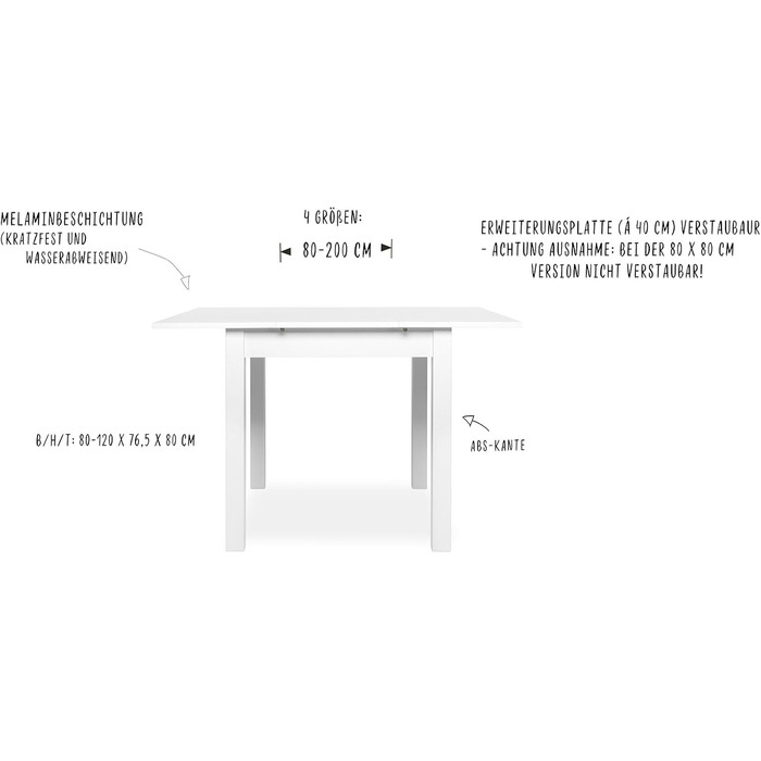 Розсувний обідній стіл mbelando на 4 ніжках білого кольору, стійкий до ударів та подряпин, вміщує до 6 осіб - 120 (160) x 76,5 x 70 см (Ш/В/Г) Розсувний стіл, дерев&39яний стіл, обідній стіл, кухонний стіл, прямокутний 120 см, білий