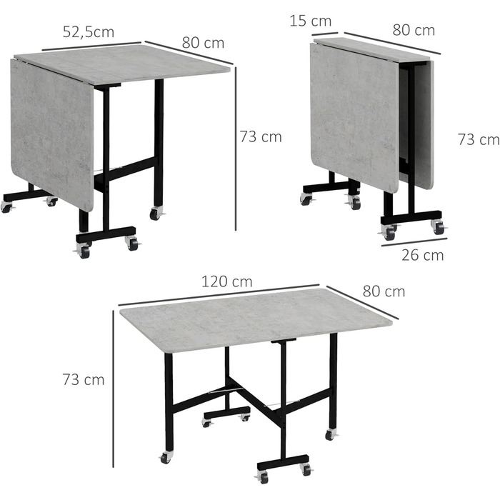 Розкладний обідній стіл, Кухонний стіл для 4-6 осіб з колесами, Сталеві ніжки, Мобільний розкладний обідній стіл для невеликих приміщень, Їдальня, Кухня, 120 x 80 x 73 см, Сірий