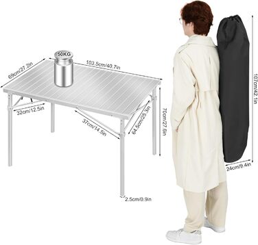 Алюмінієвий стіл WOLTU, кемпінговий стіл, фуршетний стіл, 104x69x70 см (ДхШхВ), складний та портативний дорожній стіл, висока вантажопідйомність та стійкість, сріблястий