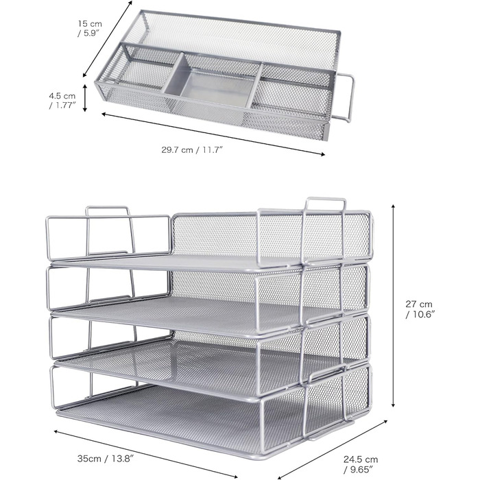 Сортувальник паперу з дротяної сітки Exerz 4 шт. Полиці/стіл Багатофункціональний органайзер/тримач для файлів Лоток для листів, який можна штабелювати - офіс, школа (1, сріблясто-сірий x 5)