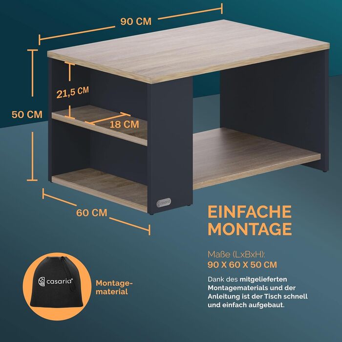 Журнальний столик Casaria з місцем для зберігання, сіре дерево, 2 відділення, 90x60x50 см, стійкий до подряпин, вантажопідйомність 50 кг, прямокутний, приставний столик із місцем для зберігання, журнальний столик для дивана у вітальні, дерев&39яно-сірий