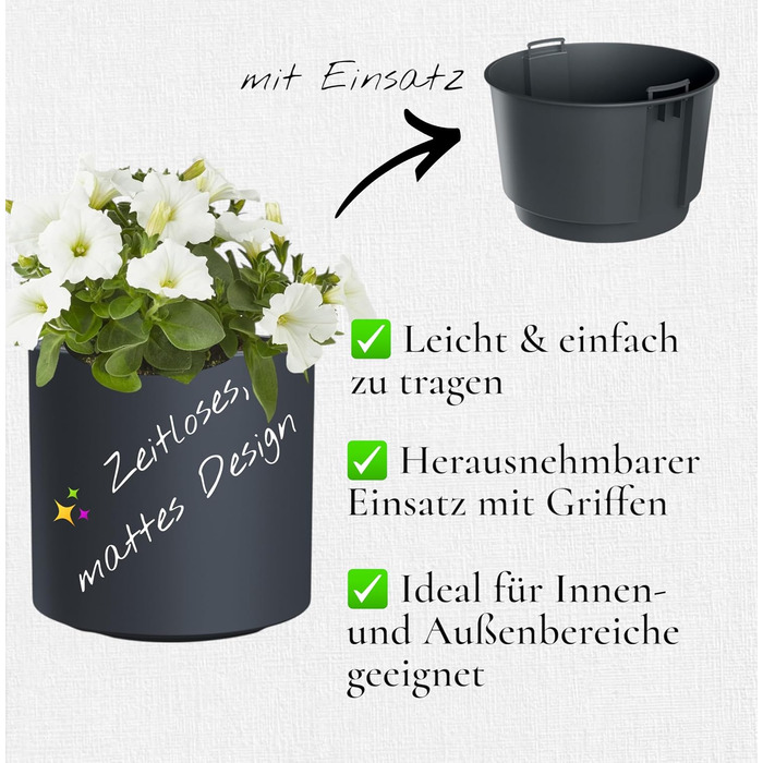 Квітковий горщик MELTOM з вкладишем та системою поливу Круглий та сучасний Морозостійкий та стійкий до ультрафіолету Пластиковий горщик для використання в приміщенні та на вулиці (Антрацит, XL) Антрацит XL
