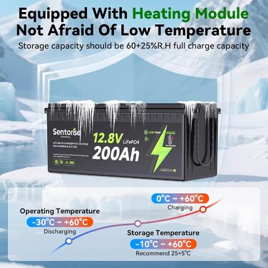 Літій-іонний акумулятор 12V 200Ah LiFePO4 з Bluetooth-моніторингом, самонагріванням, захистом від перегріву та акумуляторами BMS 200A для автофургонів, кемпінгів, сонячних панелей, гольф-карів та домашніх автономних систем 12200-BT-Heat