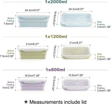 Складаний ланчбокс герметичний, набір з 3-х контейнерів для їжі з силікону 800 мл, 1200 мл, 2000 мл. Ідеально підходить для кемпінгу, пікніків, офісу та кухні.