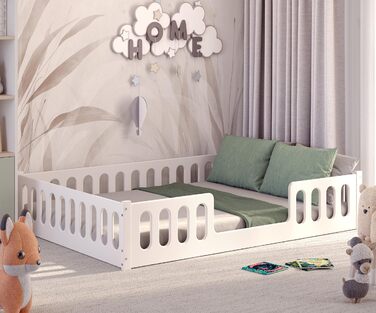 Дитяче ліжко 2-в-1 на підлозі 140x200 см Монтессорі зі знімними захисними поручнями - Біле, 46 кг, Вантажопідйомність до 200 кг, Надміцна згортається рейкова основа, Трансформоване 140 x 200 см Біле - 1 центральний вхід