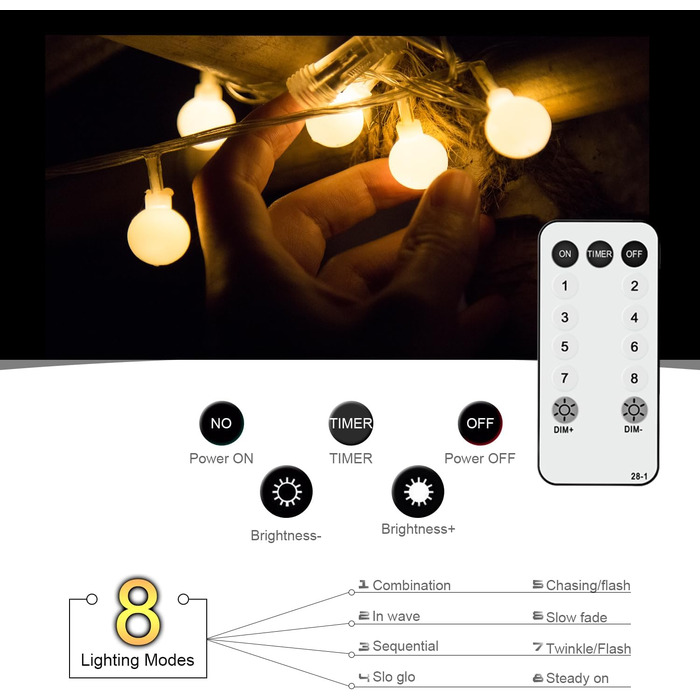 Зовнішні струнні ліхтарі Liyade, 15M 120 світлодіодних кульових струнних ліхтарів на відкритому повітрі, 8 режимів та функція позн