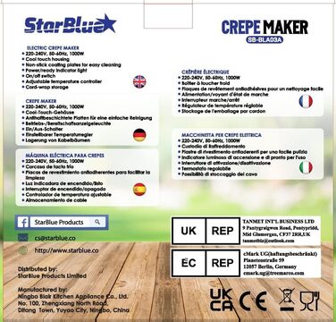 Електрична млинниця та млинниця StarBlue, 30,5 см, з безкоштовною електронною книгою рецептів та дерев'яною лопаткою 220 240 В, 50/60 Гц, 1000 Вт, вилка Великобританії, адаптер Європа в комплекті