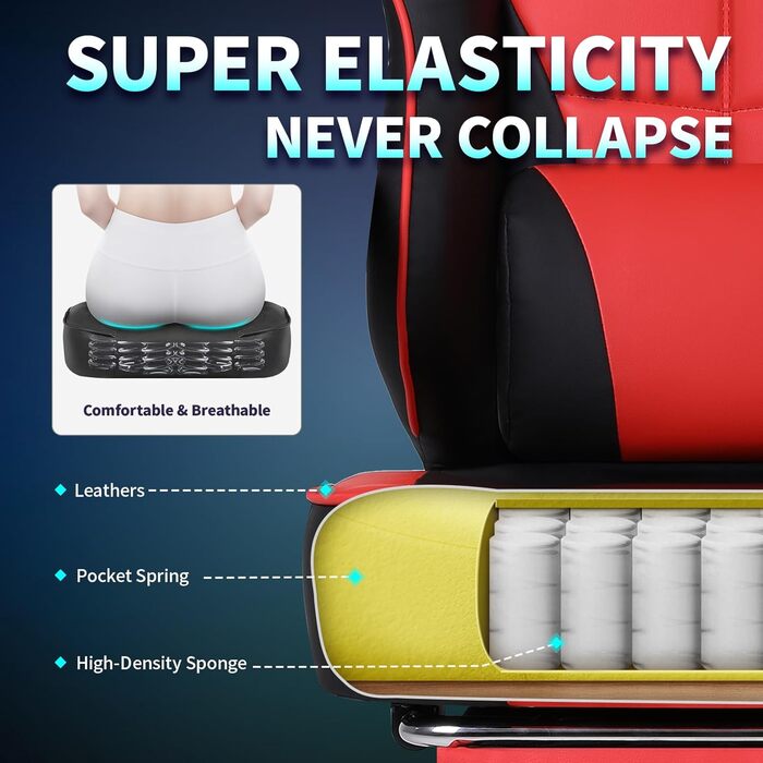 Офісне крісло SITMOD Ігрове крісло, велике ПК-крісло з регулюванням висоти, поворотне, ергономічне ігрове крісло зі штучної шкіри з підніжкою та поперековою опорою, поворотні робочі крісла на 360 - червоне