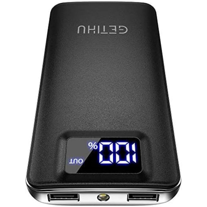 Зовнішні акумулятори для мобільних телефонів GETIHU Power Bank 10000mAh, 3A виходи (USB C In&Out), тонка і швидка зарядка зі світлодіодним дисплеєм і ліхтариком Power Bank для iPhone 15 14 13 12 Pro Max Samsung Huawei Airpods iPad Black