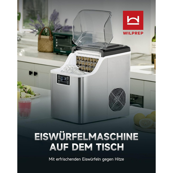 Машина для виробництва кубиків льоду Wilprep маленька з самоочисним льодогенератором 22 кг/24 години машина для морозива з РК-екраном Льодогенератор з нержавіючої сталі для офісу, ресторану, бару, кафе (щоденна продуктивність 22 кг)