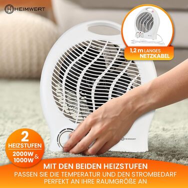 Енергозберігаючий вентилятор-обігрівач 2000 Вт - Швидкий нагрів з режимом енергозбереження та ручкою для перенесення - Електричний обігрівач з термостатом та 2 режимами нагріву Функція охолодження 2 в 1 22x29x13 см (білий)