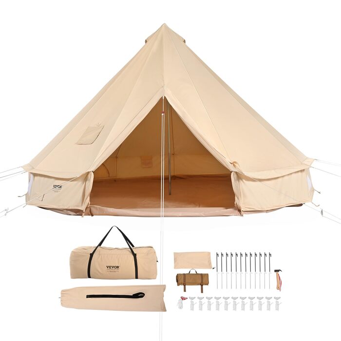 Намет-юрта VEVOR Bell Tent 3-7 м, підходить для 6-12 осіб, виготовлена з бавовни TC та має міцні залізні стійки з ПВХ підлогою. Кемпінговий намет-дзвін з парусини.