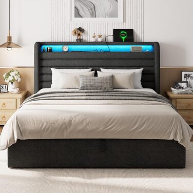 Ліжко FEONASE 140x200 з місцем для зберігання, М&39яке ліжко 140x200 см зі світлодіодним освітленням та зарядною станцією, Каркас ліжка з гідравлічним та лляним узголів&39ям, місцем для зберігання, Рейкова основа, Матрац не входить до комплекту, Темно-сір