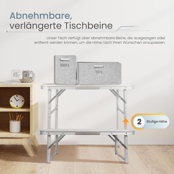 Складаний кемпінговий стіл Homecall 75 x 55 x 63/25 см, регульована по висоті алюмінієва, складна, стільниця з МДФ, витримує вагу до 30 кг, підходить для саду, пікніка, пляжу, балкону, кухні, 75 x 55 x 63 см