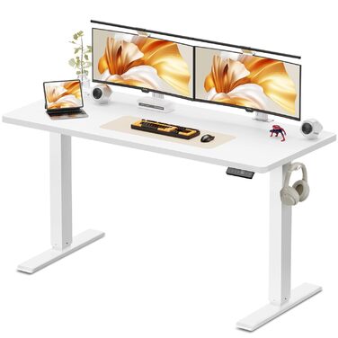 Стіл з регульованою висотою, електричний комп&39ютерний стіл 140 x 60 см, стіл для роботи сидячи та стоячи з 4 положеннями пам&39яті, стіл для роботи стоячи з 2 гачками для офісу, з&39єднувальна пластина, білий 140 x 60 см