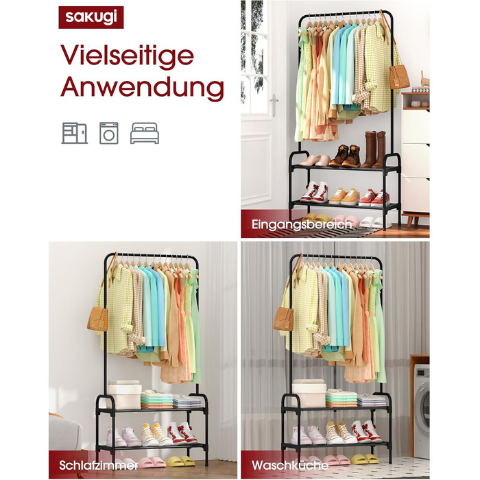 Вішалка для одягу - штанга для одягу з нековзними ніжками, шафа-стійка з 2-рівневим органайзером для взуття, вішалка для одягу для спальні, передпокою, 74 x 30 x 150 см, чорна 74 x 30 x 150 см чорна