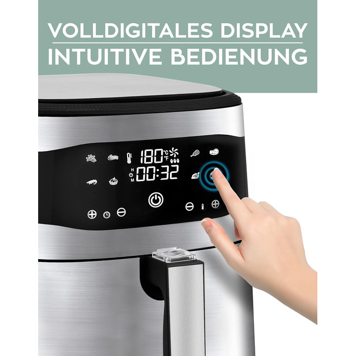 Фритюрниця HEINRICHS з нержавіючої сталі з цифровим світлодіодним дисплеєм РК-дисплей сенсорний, 8 програм 1800 Вт для фритюрниці без олії Фритюрниця Функція таймера фритюрниці, Heinrich (8 л XXL)