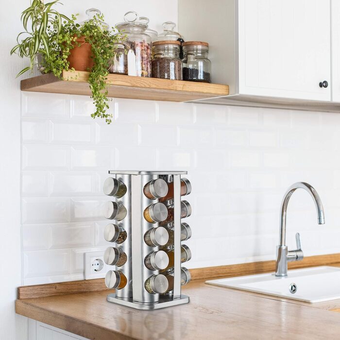 Карусель для спецій Relaxdays з 20 банками для спецій, обертається на 360, нержавіюча сталь, скло, підставка для спецій ВxГ 34 x 19 см, прямокутна, срібляста, 10032728