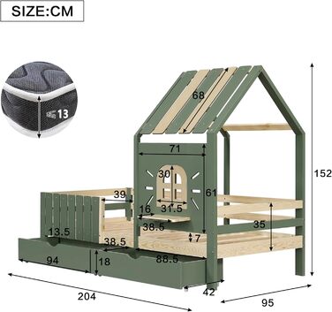 Дитяче ліжко 90x200 см, дерев&39яне ліжко з 2 шухлядами, ліжко-будиночок з дахом та вікном, каркас ліжка з рейковою основою, для дівчаток та хлопчиків, зелене, без матраца 90 x 200 см B