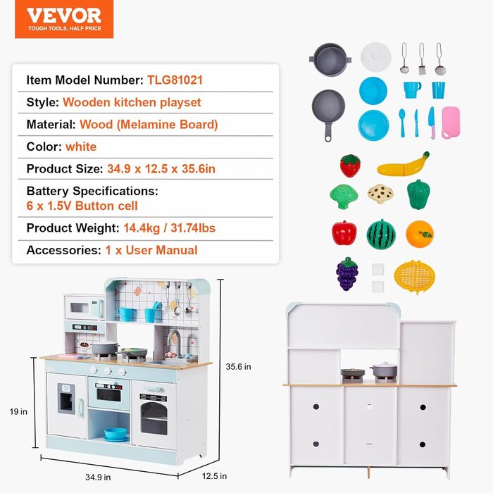 Дитяча кухня VEVOR 24 предмети, Ігрова кухня з підсвічуванням, звуками, дитяча кухня з морозивницею, духовкою, мийкою, мікрохвильо