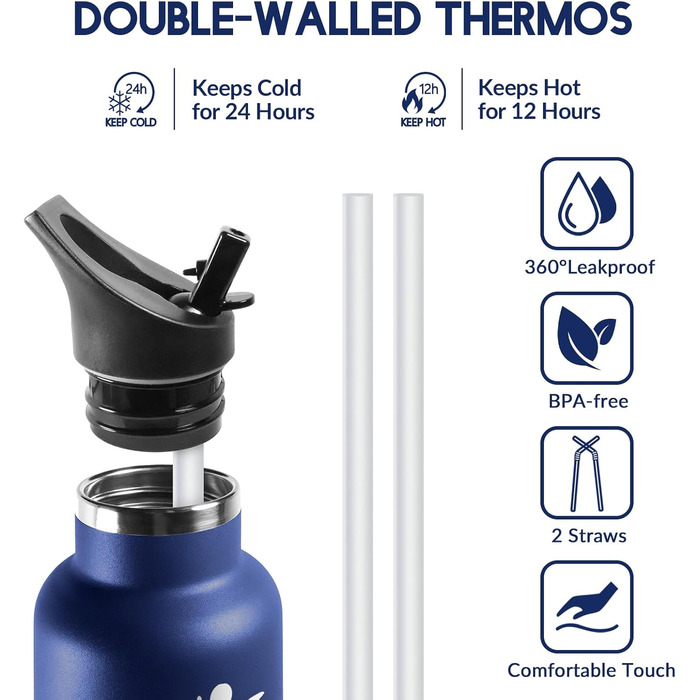 Пляшка для води HoneyHolly 750 мл без BPA з нержавіючої сталі, герметична двостінна ізольована пляшка з трубочкою, нержавіюча сталь 18/8, термос - морський зелений, світло-фіолетовий, темно-синій та чорний - 750 мл