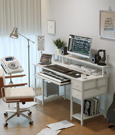 Письмовий стіл з 2 шухлядами, 120 x 50 см, комп&39ютерний/ігровий стіл з підставкою для клавіатури, регульованою по висоті бічною полицею, підставкою для монітора та розеткою для домашнього офісу та вітальні, білий, 120 x 50 см