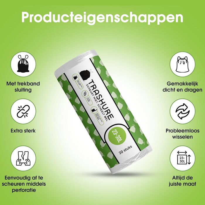 Сміттєві пакети - 23/30 л - Підходять для сміттєвих баків Brabantia Код G - 6 рулонів по 20 пакетів - 23-30 літрів із застібкою на шнурку