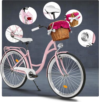 Жіночий міський велосипед MILORD Comfort з плетеним кошиком, вінтажний, 26, 28 дюймів, 1 швидкість, рожевий, 26 дюймів