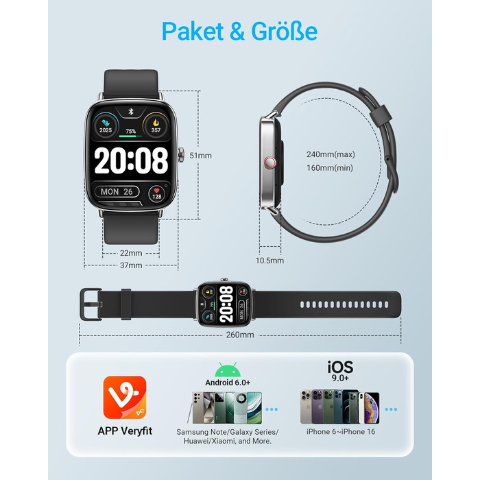 Розумний годинник для чоловіків та жінок з функцією телефону, фітнес-годинник 1,85 дюйма, понад 100 спортивних режимів, фітнес-трекер з моніторингом серцевого ритму/SpO2/сну, крокомір, водонепроникний спортивний годинник IP68 для iOS та Android, чорний