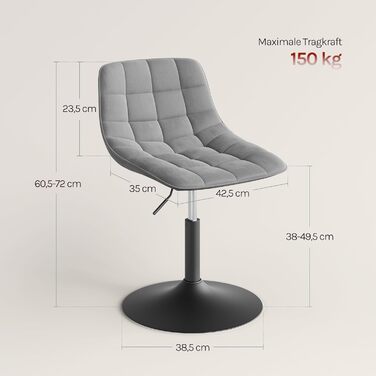 Крісло-табуретка WOLTU для туалетного столика, спальні та їдальні - регульована висота, поворот на 360 зі спинкою, виготовлена з комфортного оксамиту, світло-сіра