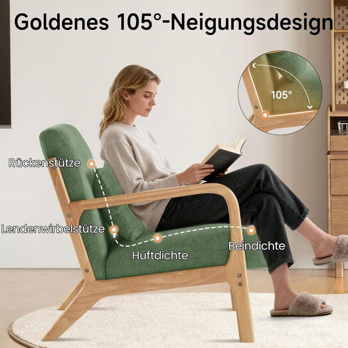 Акцентне крісло з подушкою, сучасне м&39яке крісло для вітальні, крісло для відпочинку з підлокітниками та дерев&39яним каркасом, зручне крісло для читання, зелена тканина, комплект з